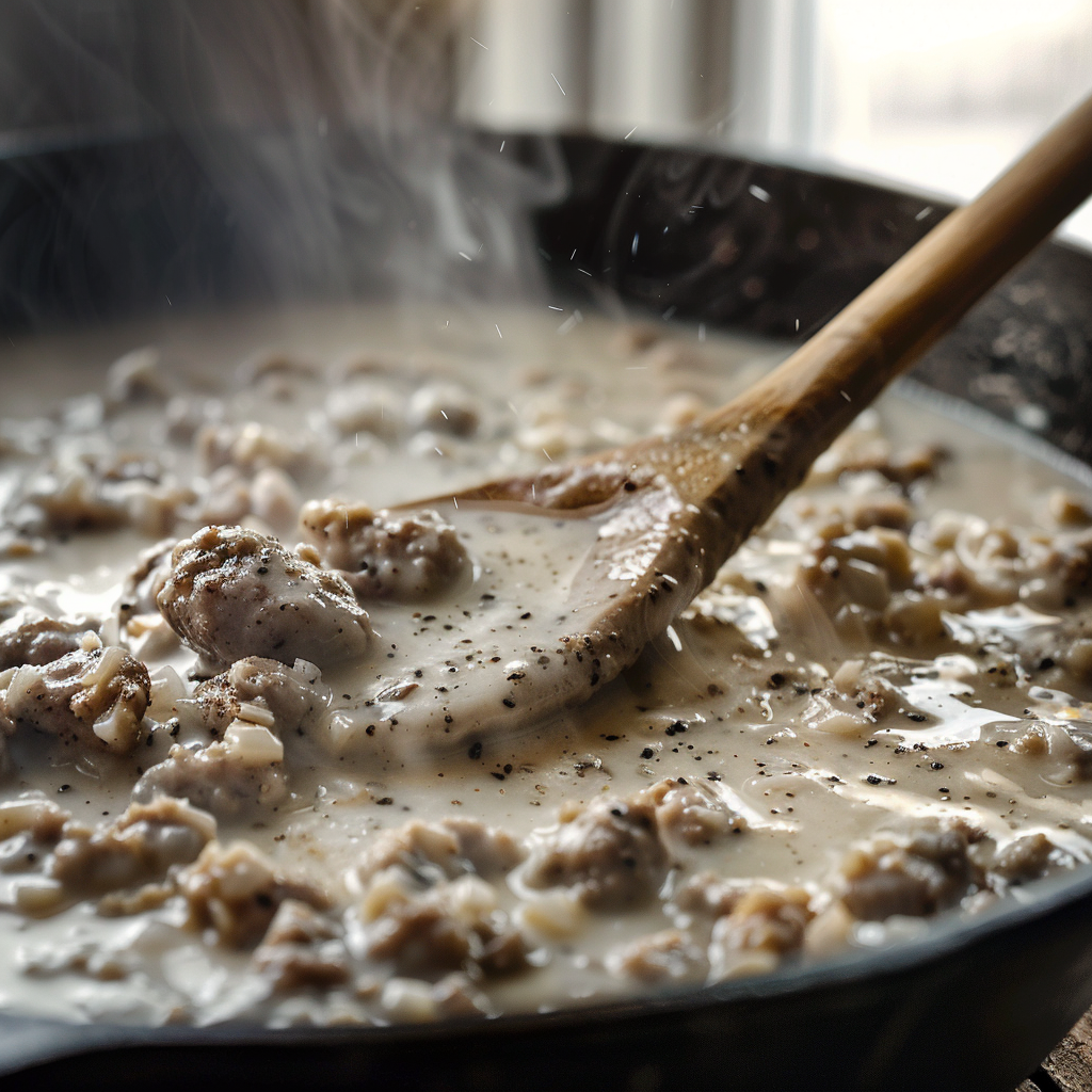 Ground breakfast sausage simmering in thick white country gravy with black pepper as it is stirred in a skillet.