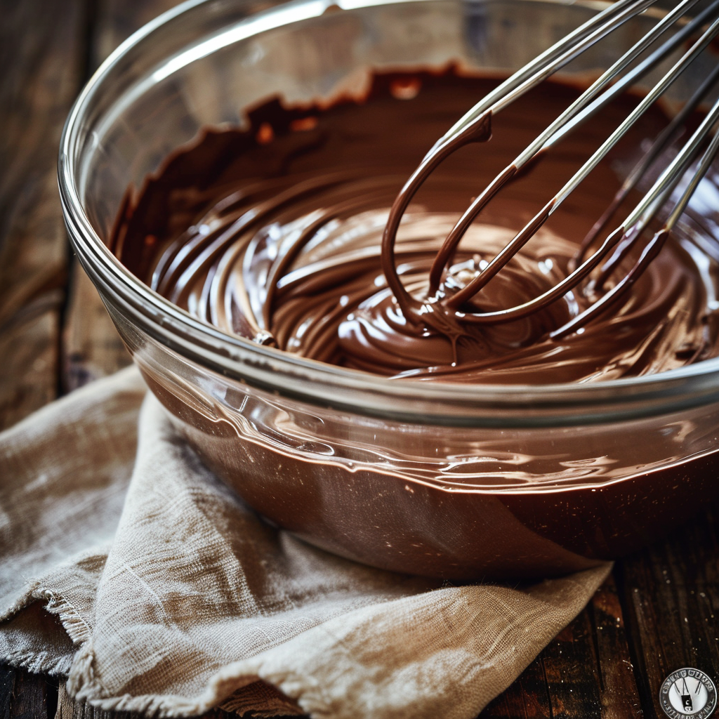 Thick chocolate pudding being whisked in a glass bowl to prepare the pudding layer for classic chocolate lasagna.