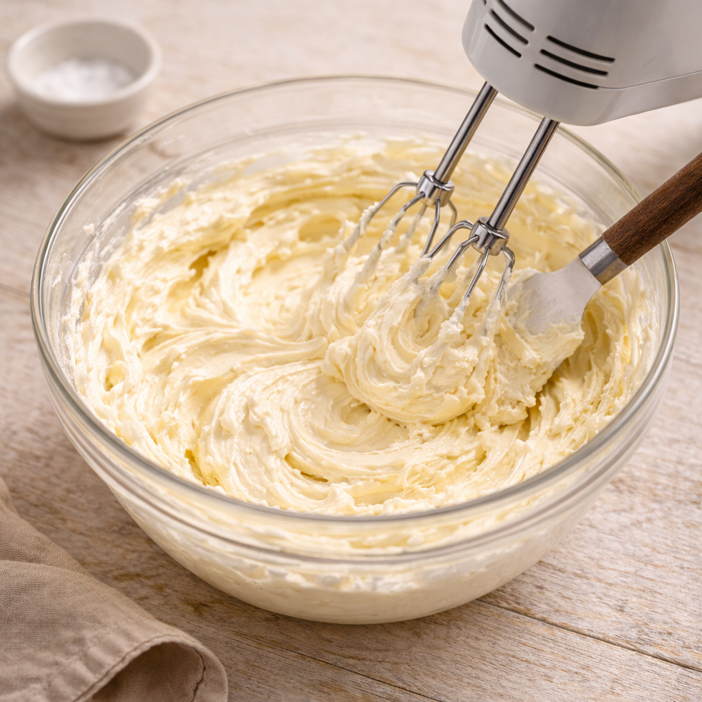 Whipped vanilla butter being scraped down and mixed again in a glass bowl to adjust sweetness and flavor.