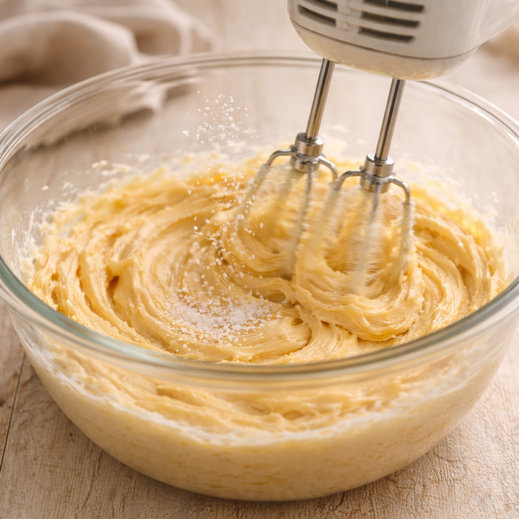 Salt being sprinkled into maple butter while mixing with a hand mixer in a clear glass bowl until creamy and fluffy.