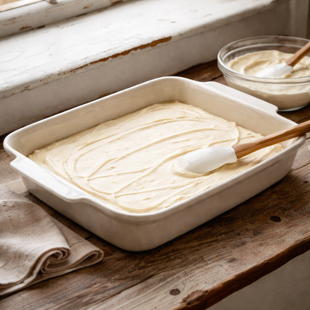 Cream cheese mixture spread evenly over crescent roll dough in a 9×13 baking dish