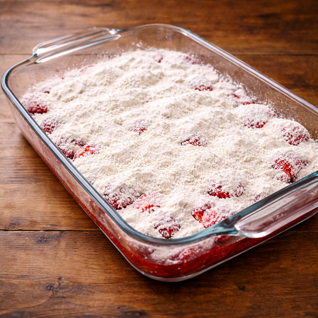 Dry white cake mix evenly sprinkled over strawberries and pie filling in a glass baking dish before baking