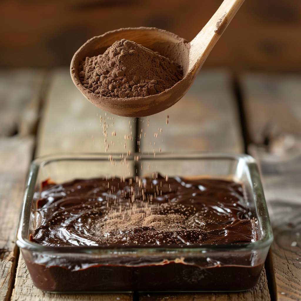 Brown sugar and cocoa powder mixture being sprinkled over chocolate brownie batter in a glass baking dish on a rustic wooden surface