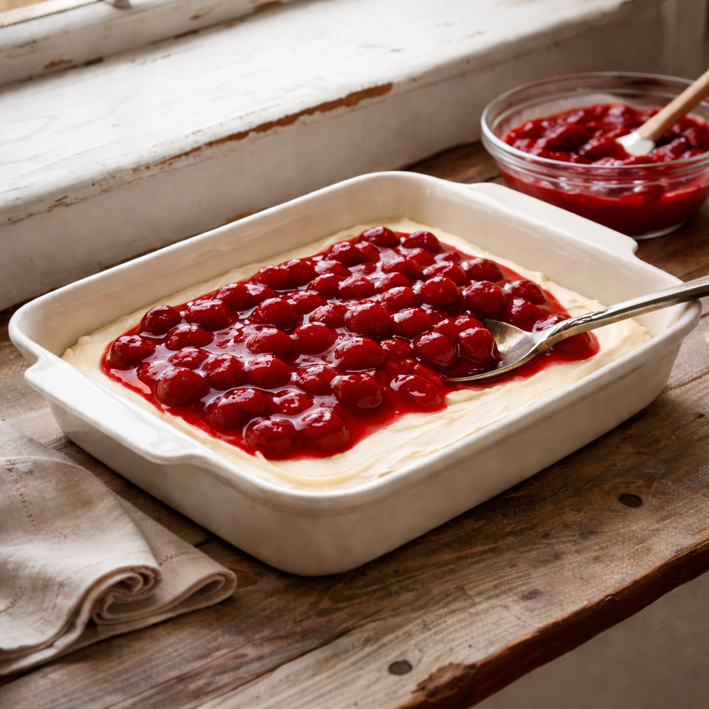 Cherry pie filling spooned evenly over the cream cheese layer in a 9×13 baking dish