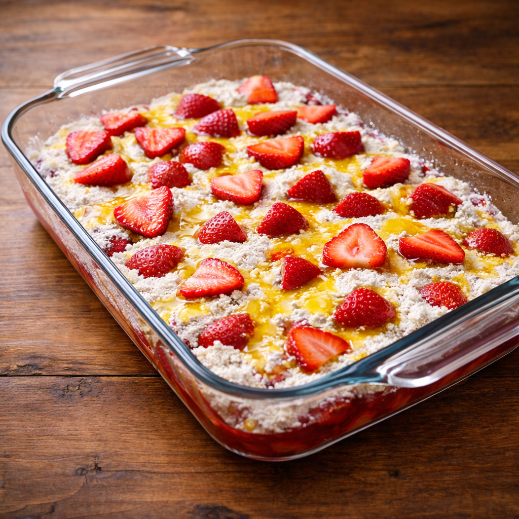 Sliced strawberries sprinkled over dry cake mix with melted butter drizzled on top in a glass baking dish