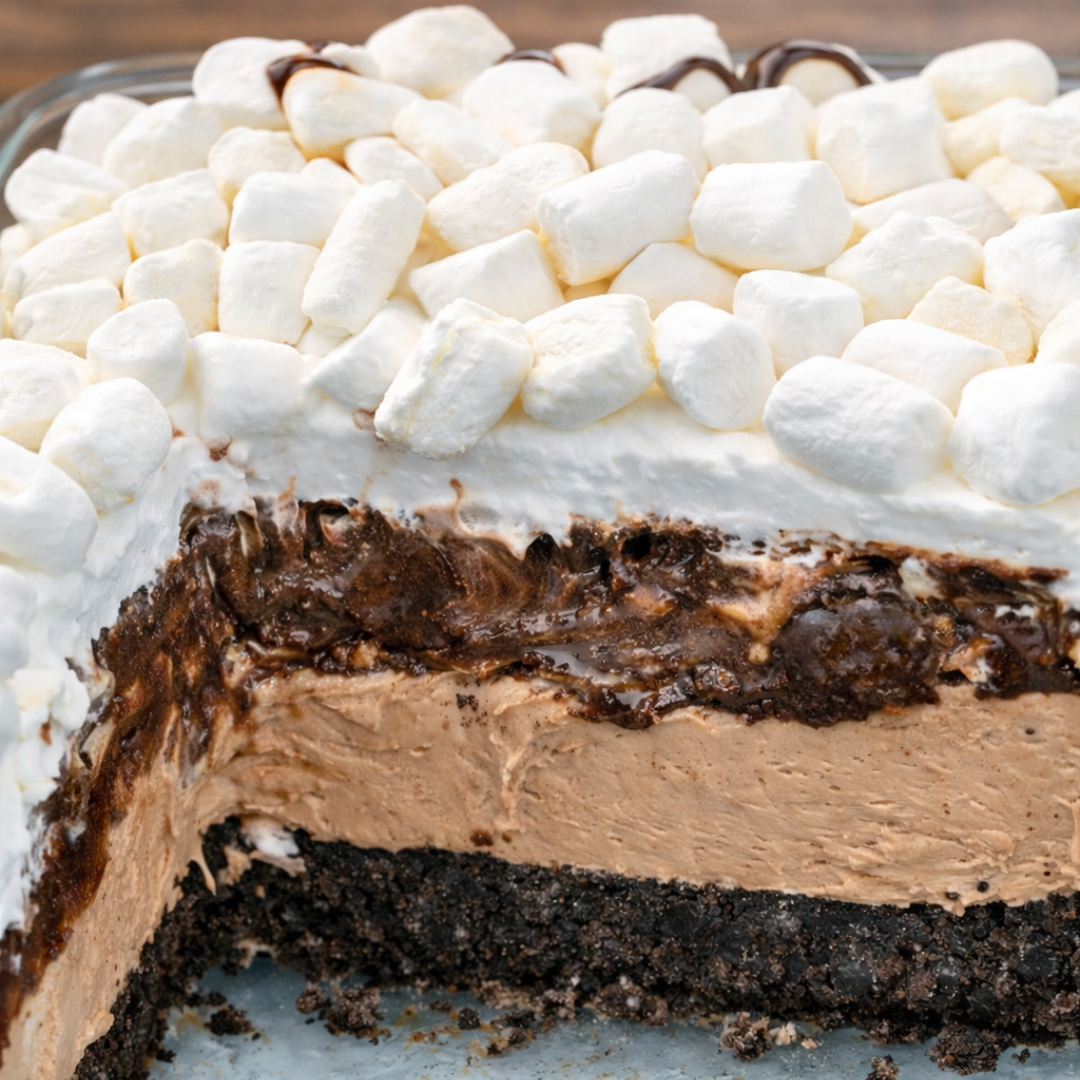 Close-up of hot chocolate lasagna in a glass dish showing Oreo crust, hot cocoa cheesecake layer, chocolate pudding layer, and whipped topping with mini marshmallows.