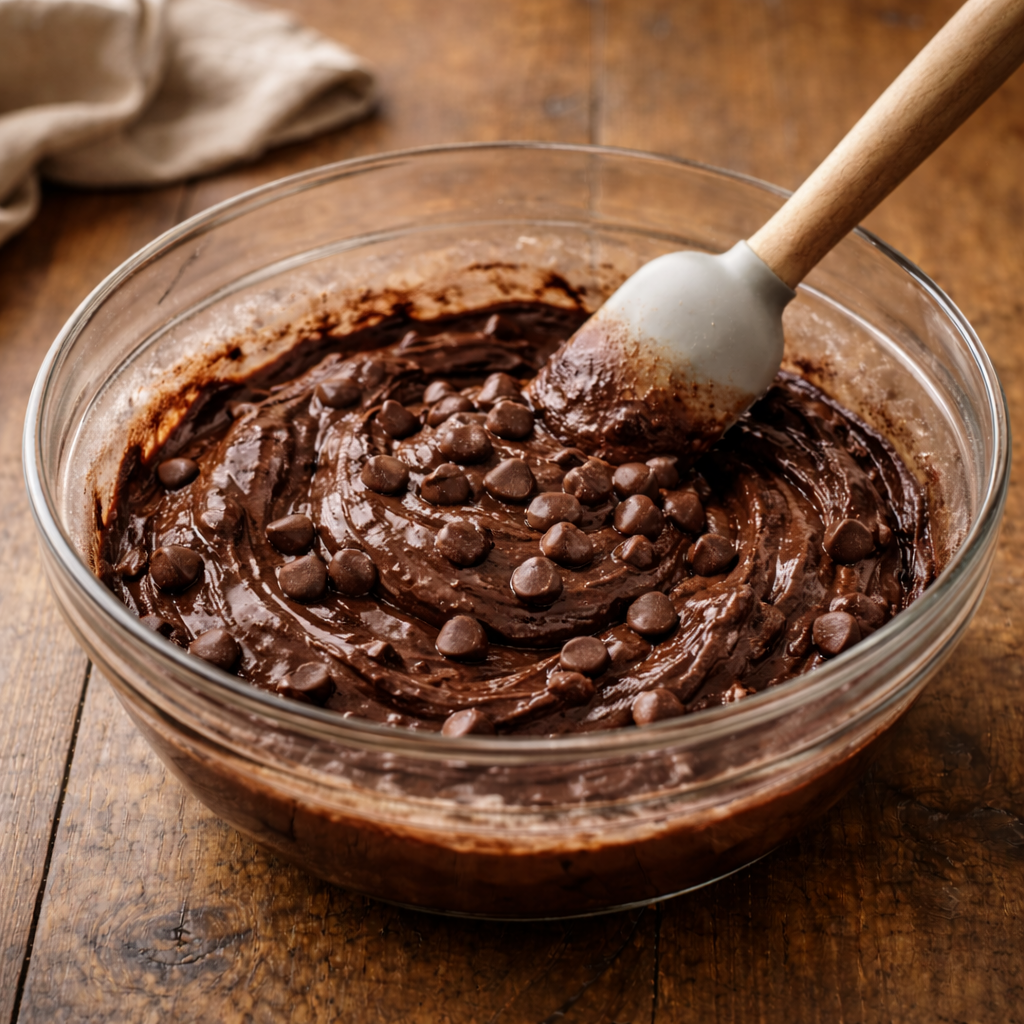 Chocolate chips being gently folded into thick brownie batter in a glass mixing bowl.