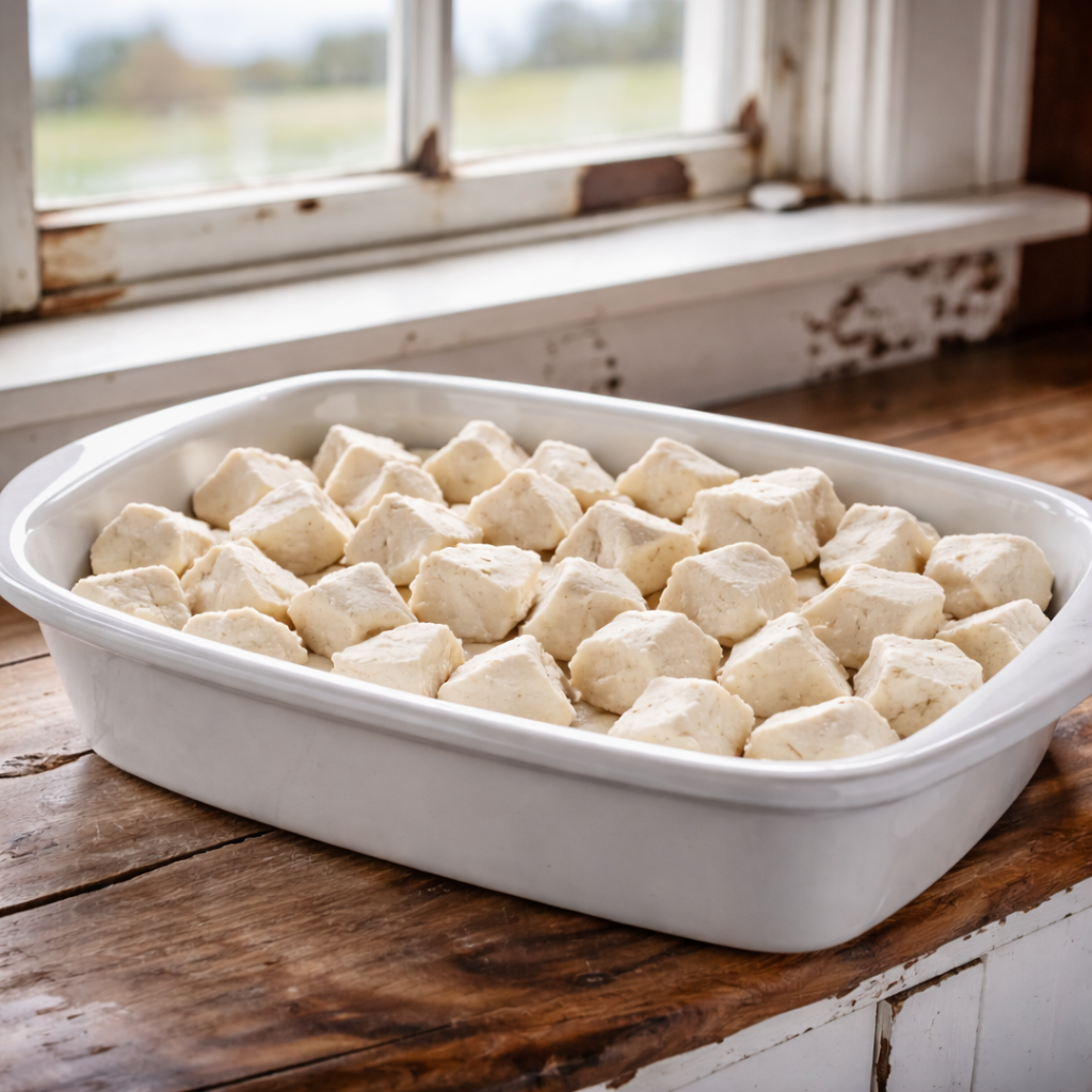 Quartered canned biscuit dough pieces arranged in a greased white 9×13 baking dish on a wooden counter.