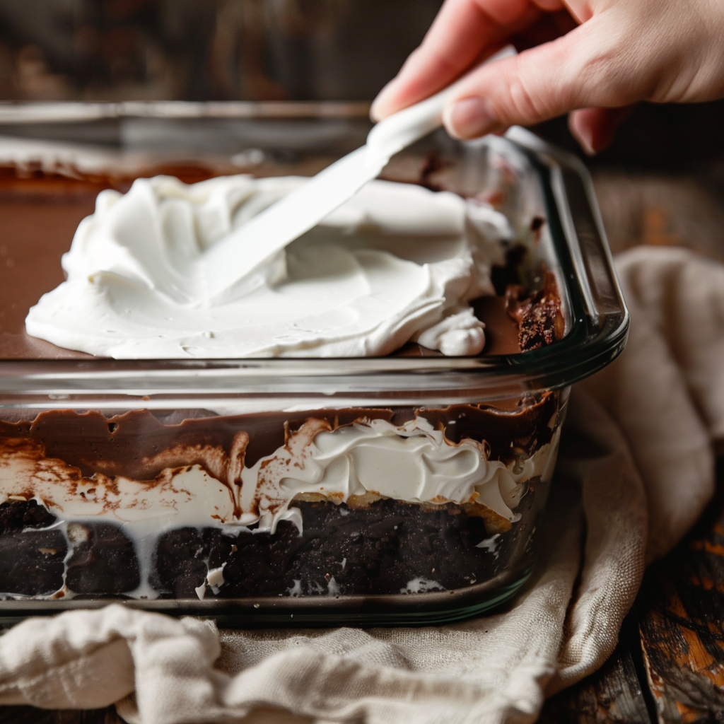 Whipped topping being spread over the chocolate pudding layer of classic chocolate lasagna in a glass baking dish.