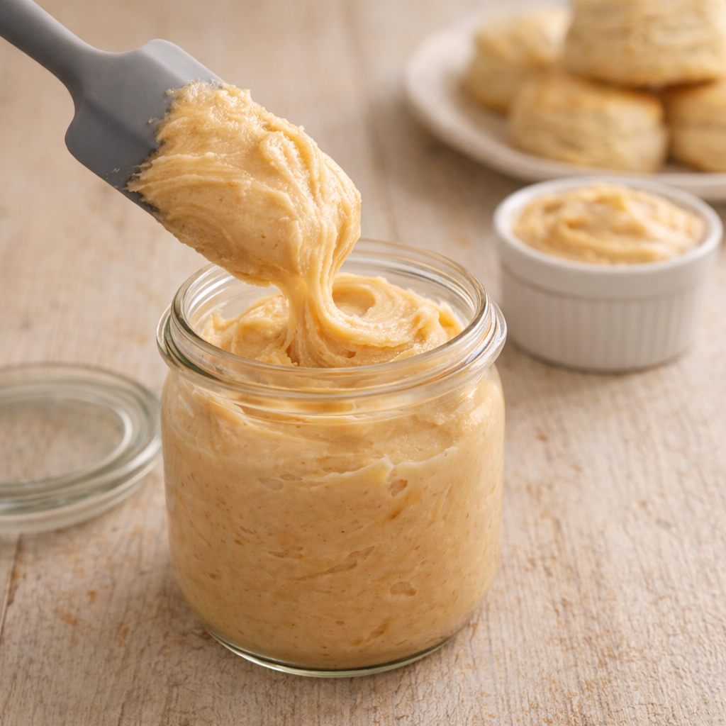 Maple butter being transferred into a small glass jar with a silicone spatula, with biscuits and a serving ramekin softly blurred in the background.