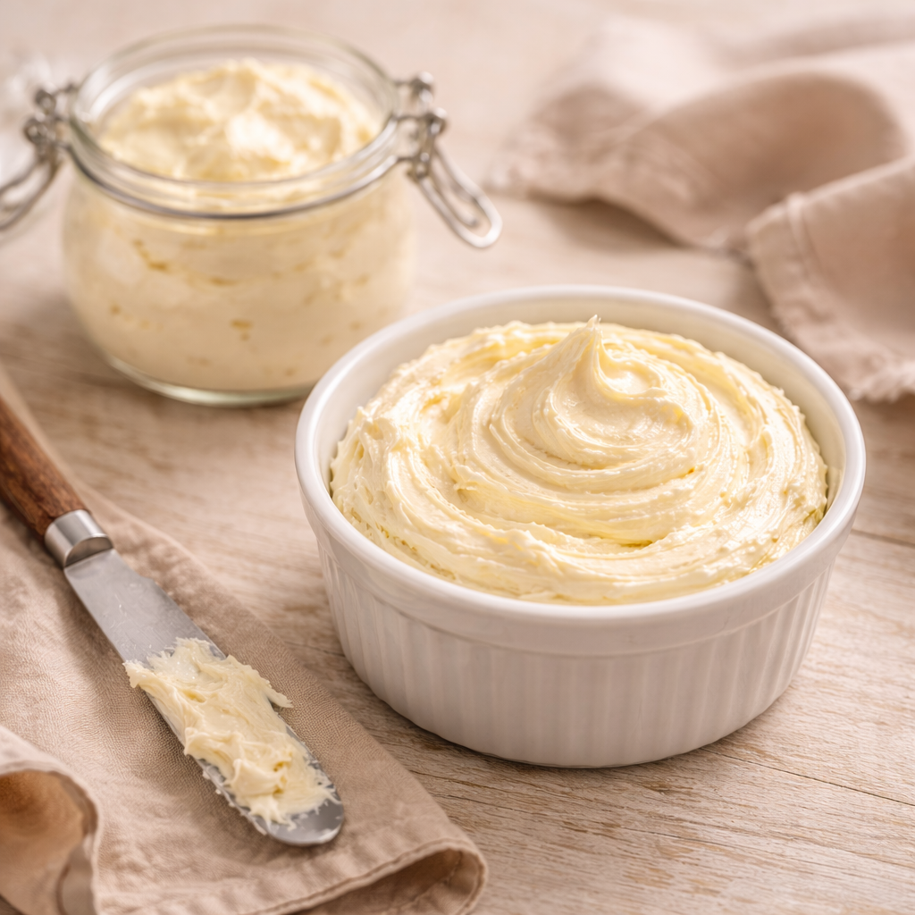 Whipped vanilla butter transferred to a white ceramic butter dish with extra butter stored in a glass jar.