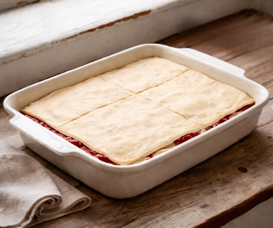 Raw crescent roll dough placed over cherry filling in a 9×13 baking dish before baking