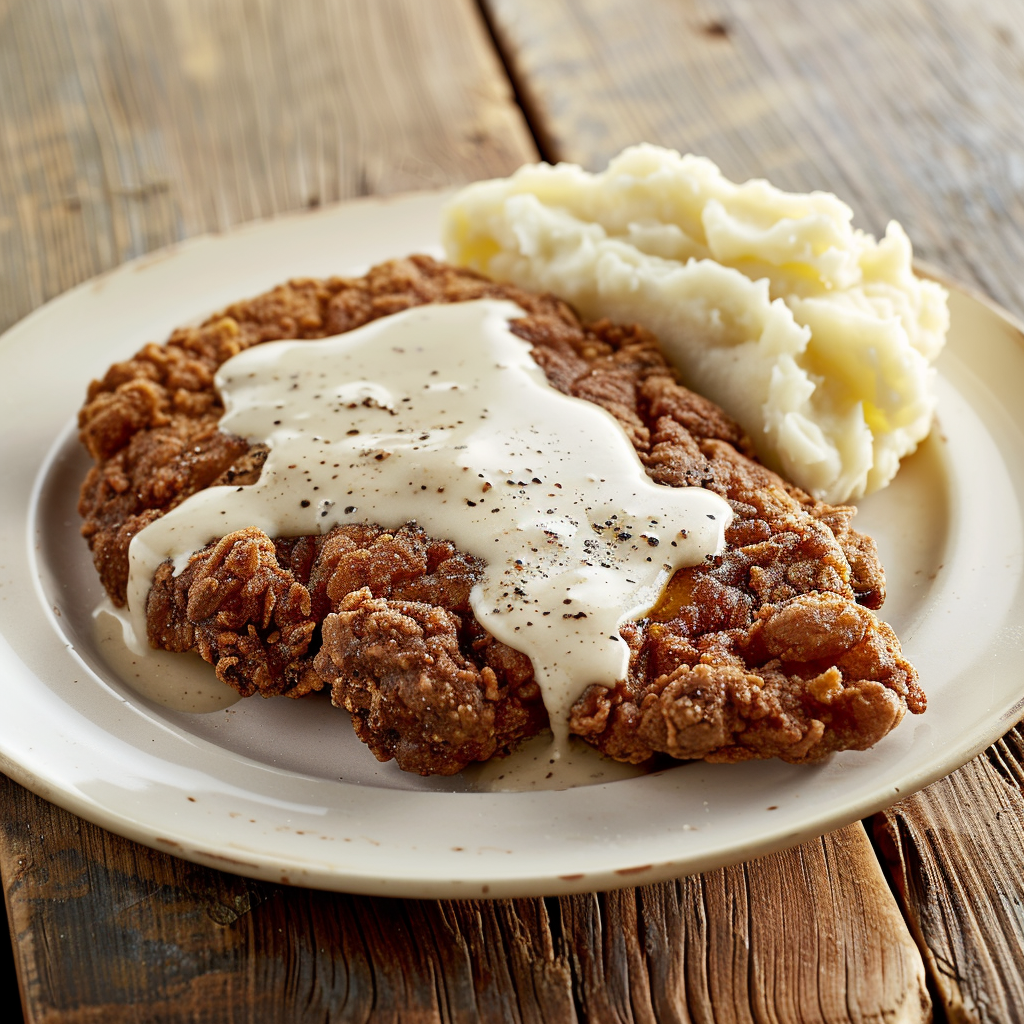 Chicken fried steak topped with creamy white country gravy served with mashed potatoes.