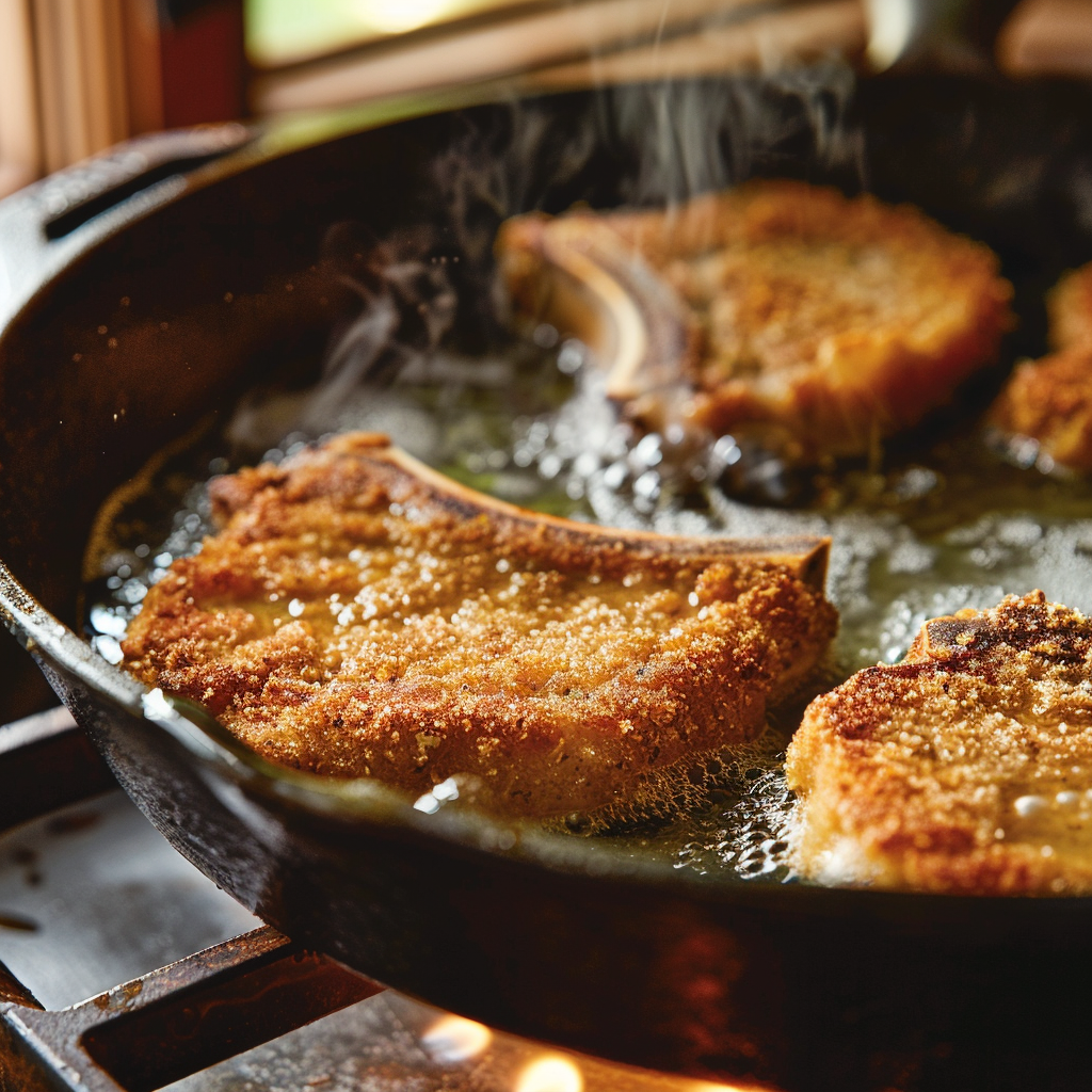 Breaded pork chops frying in hot oil in a cast iron skillet, turning golden brown with crispy edges.