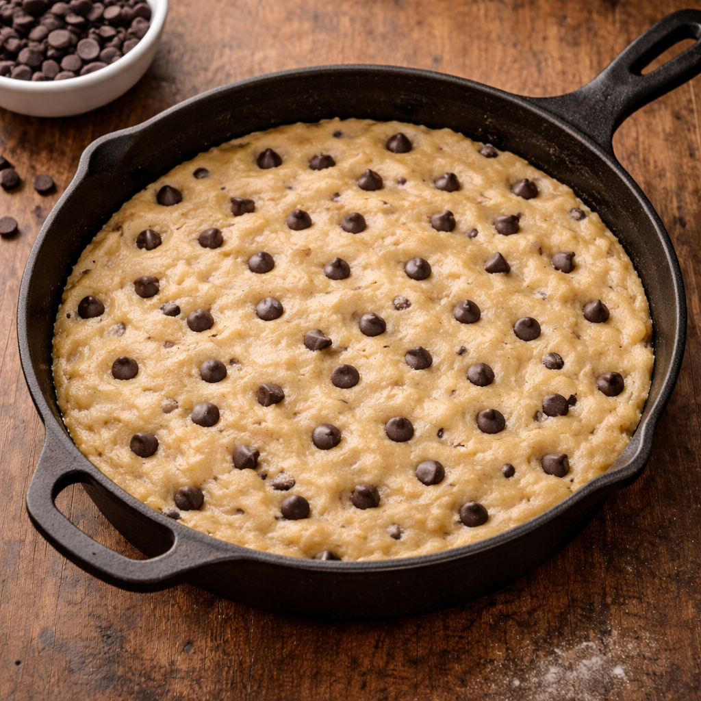 Overhead view of unbaked chocolate chip cookie dough evenly pressed into a cast iron skillet and topped with chocolate chips.