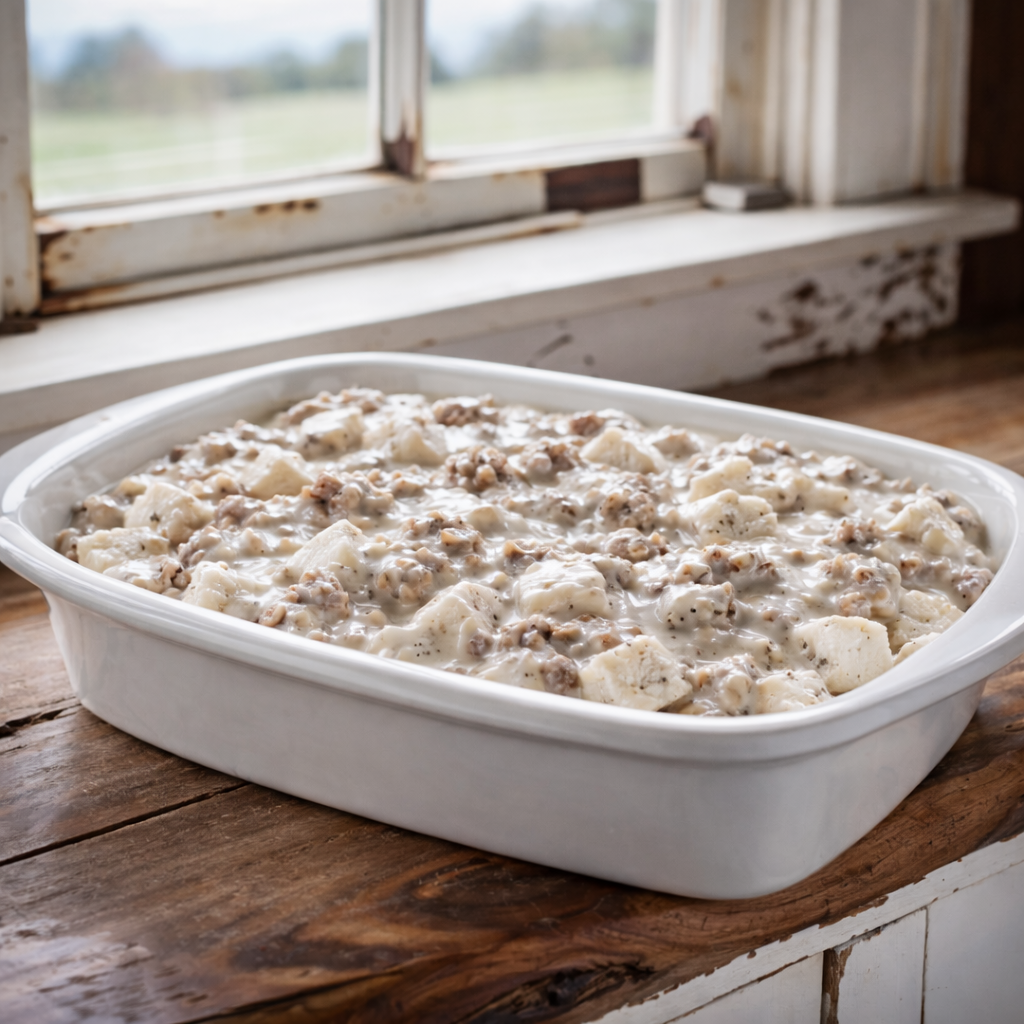 White country sausage gravy poured over quartered canned biscuit dough in a white 9×13 baking dish.