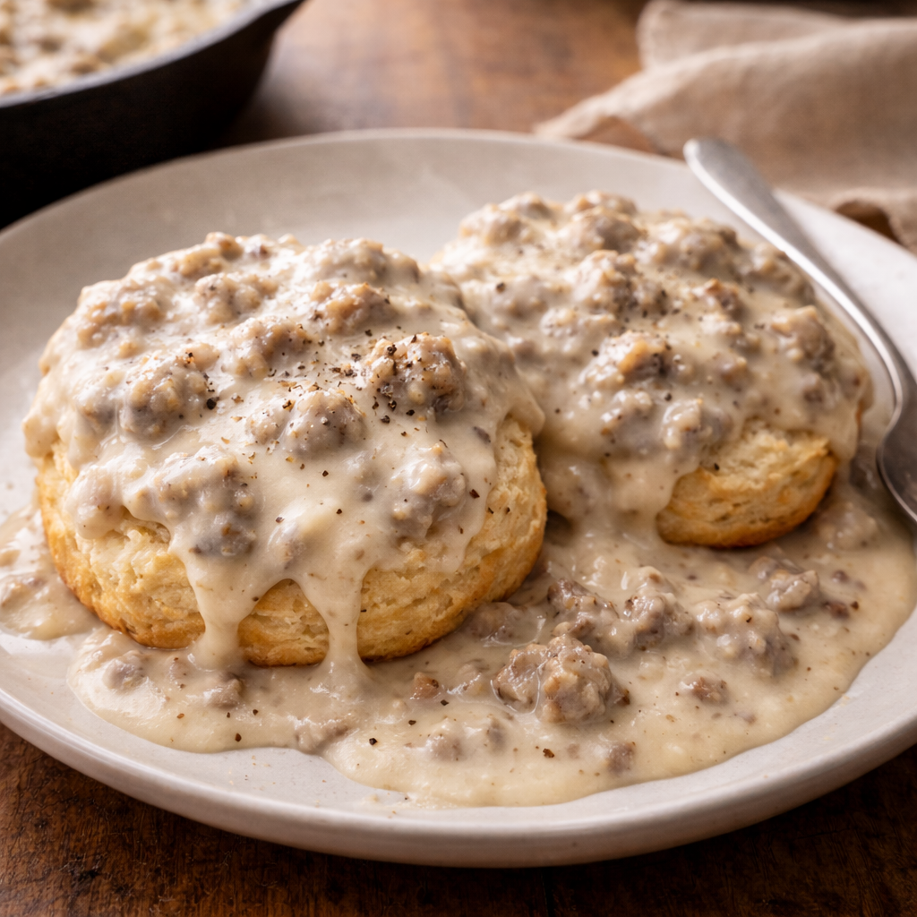 Homemade sausage gravy seasoned with black pepper and served hot over flaky buttermilk biscuits on a plate.