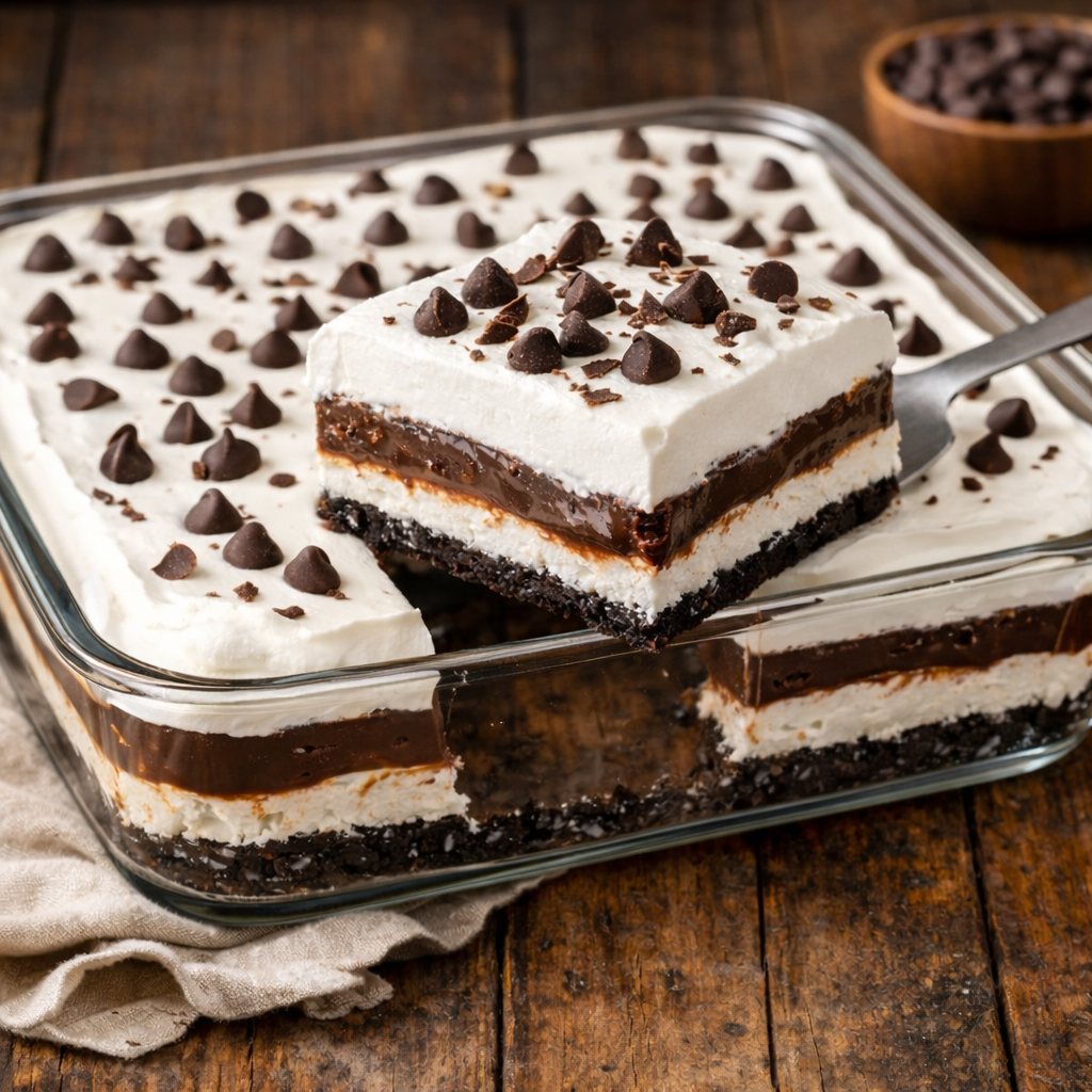 A slice of classic chocolate lasagna lifted from a glass baking dish showing the cookie crust, cream cheese, chocolate pudding, and whipped topping layers.