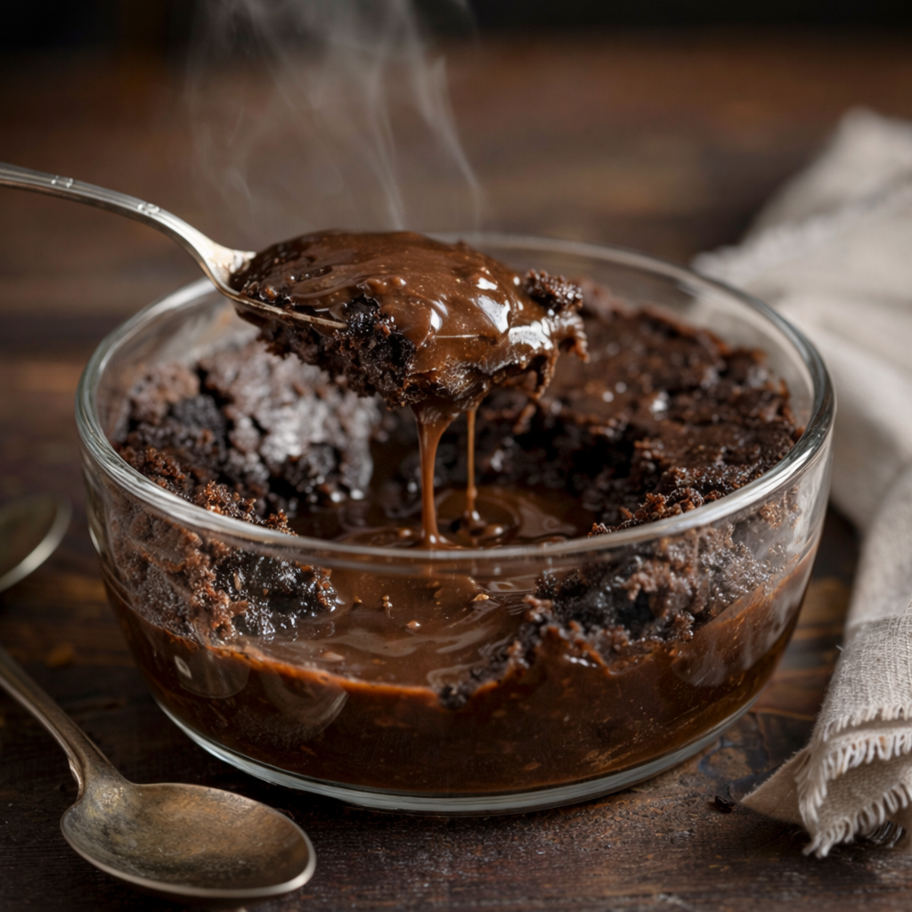 Spoon lifting hot fudge brownie pudding from a clear glass bowl with thick chocolate sauce visible underneath