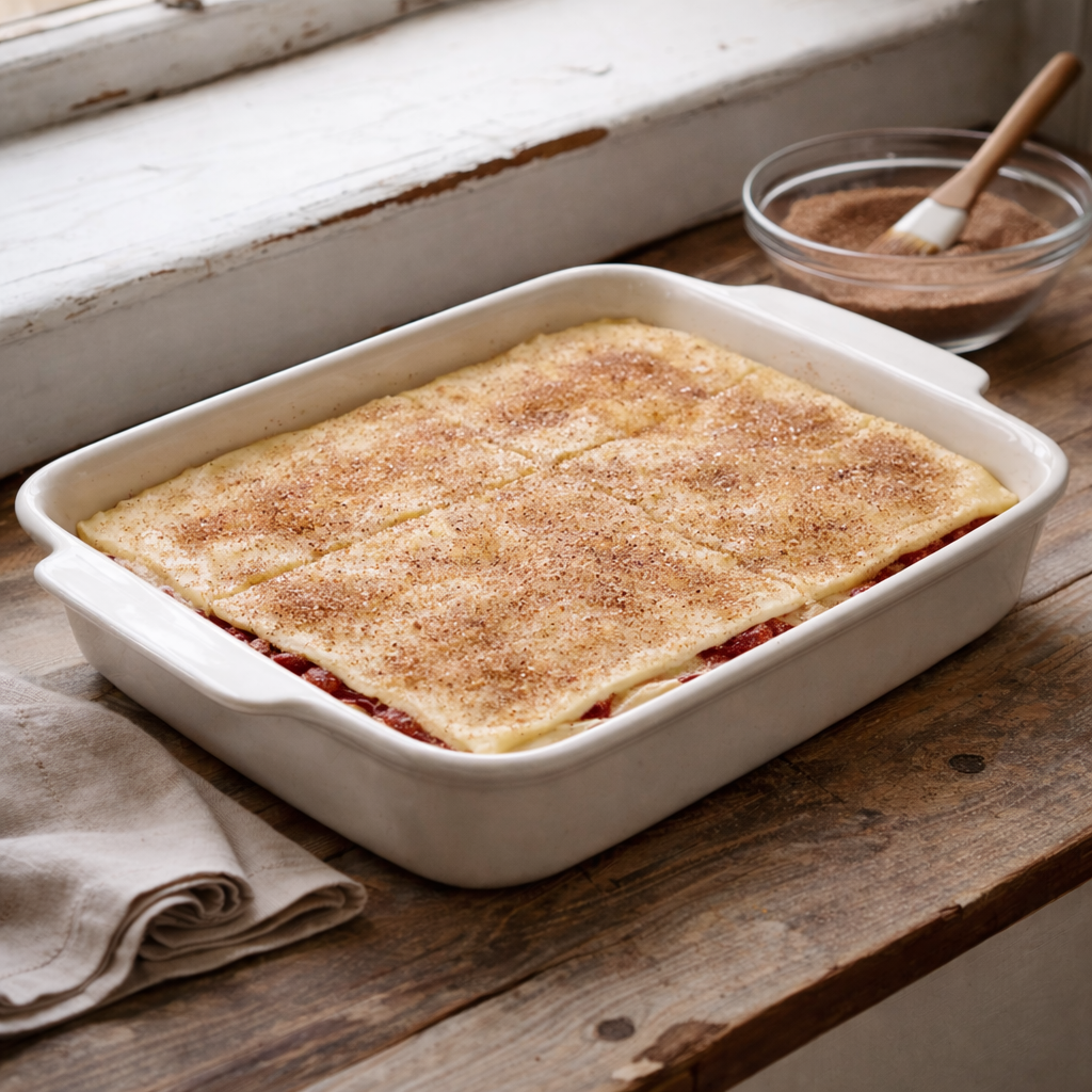 Crescent roll dough brushed with butter and sprinkled with cinnamon sugar in a 9×13 baking dish