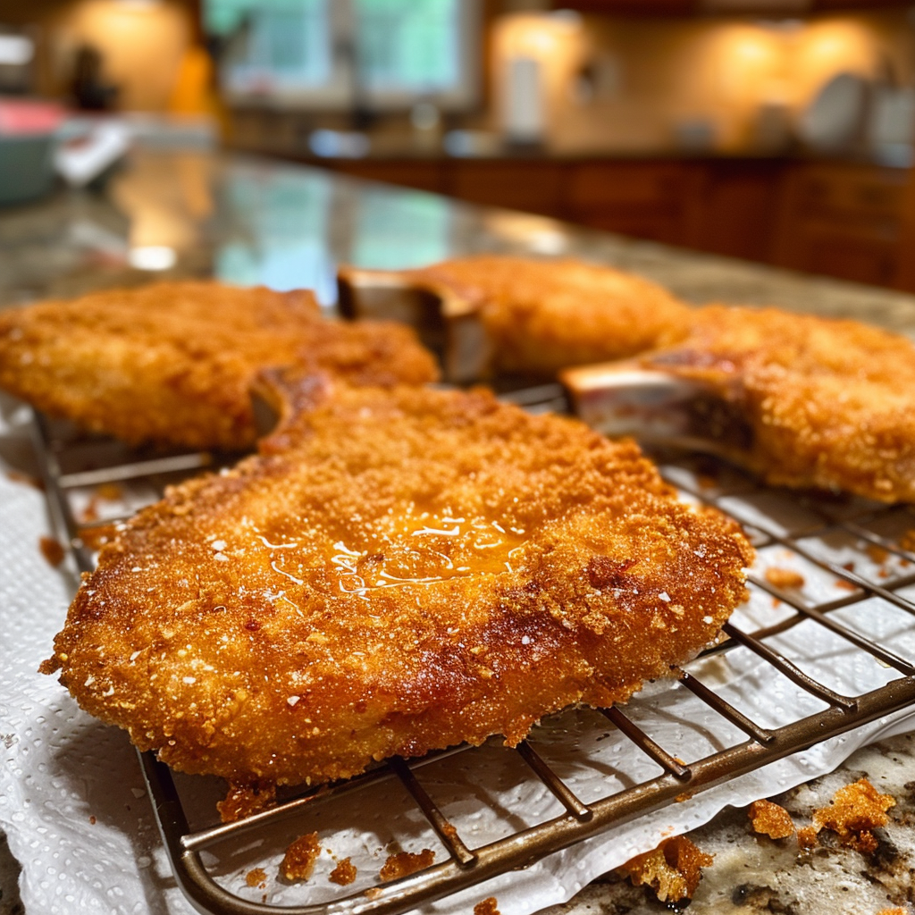 Golden Southern fried pork chops resting on a wire rack over paper towels to drain excess oil and stay crispy.