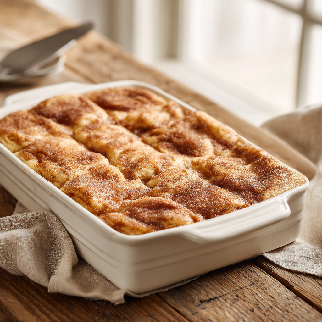 Baked cherry crescent roll bars with a golden cinnamon sugar crust in a white ceramic baking dish
