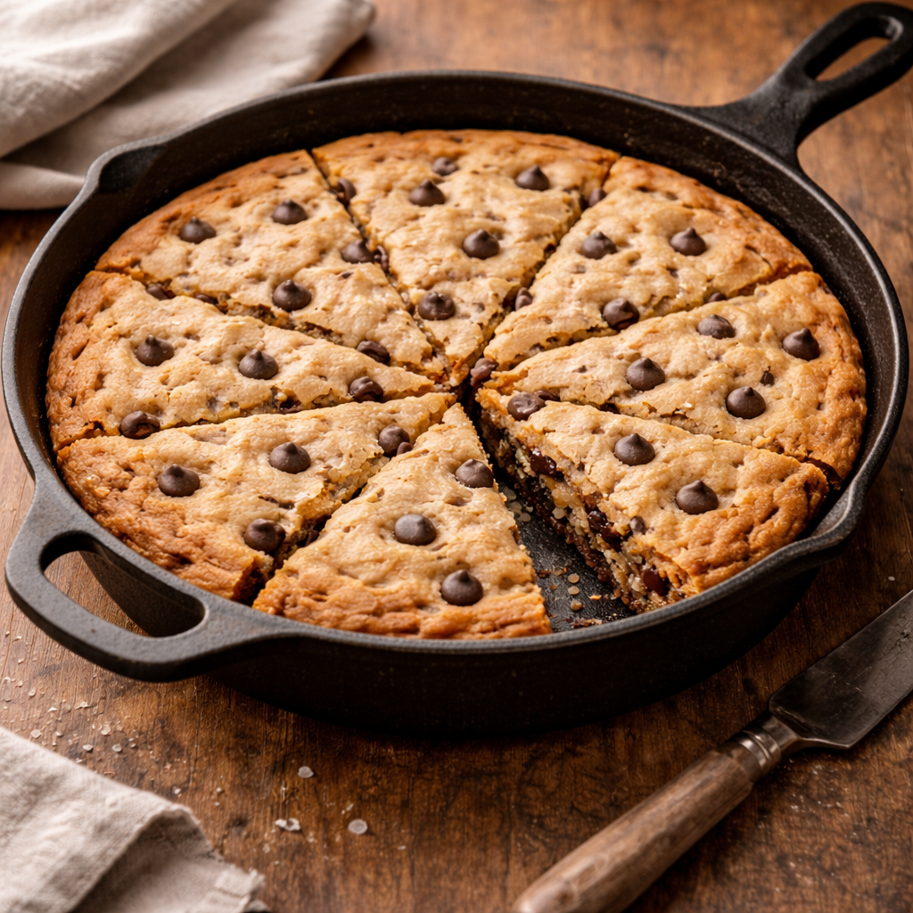 Skillet chocolate chip cookie sliced into wedges in a cast iron skillet, with one slice pulled away to reveal a soft, gooey center.