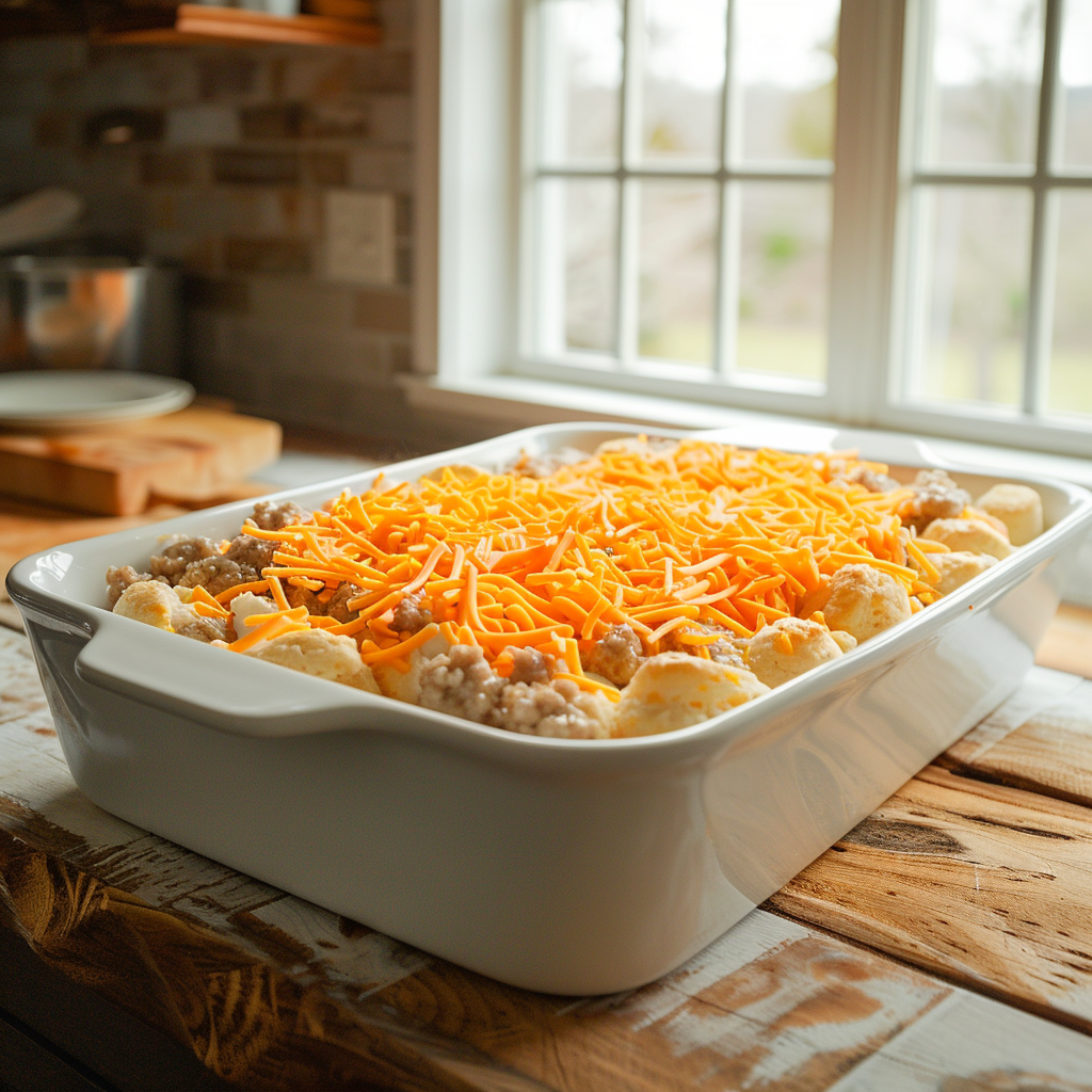 Shredded cheddar cheese sprinkled evenly over biscuit dough and sausage gravy in a white 9×13 baking dish.