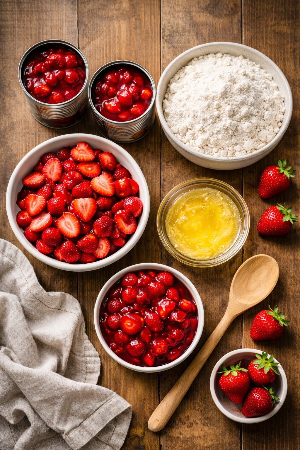 Flat lay of strawberry shortcake dump cake ingredients including strawberry pie filling, fresh strawberries, cake mix in a bowl, and melted butter on a wooden surface