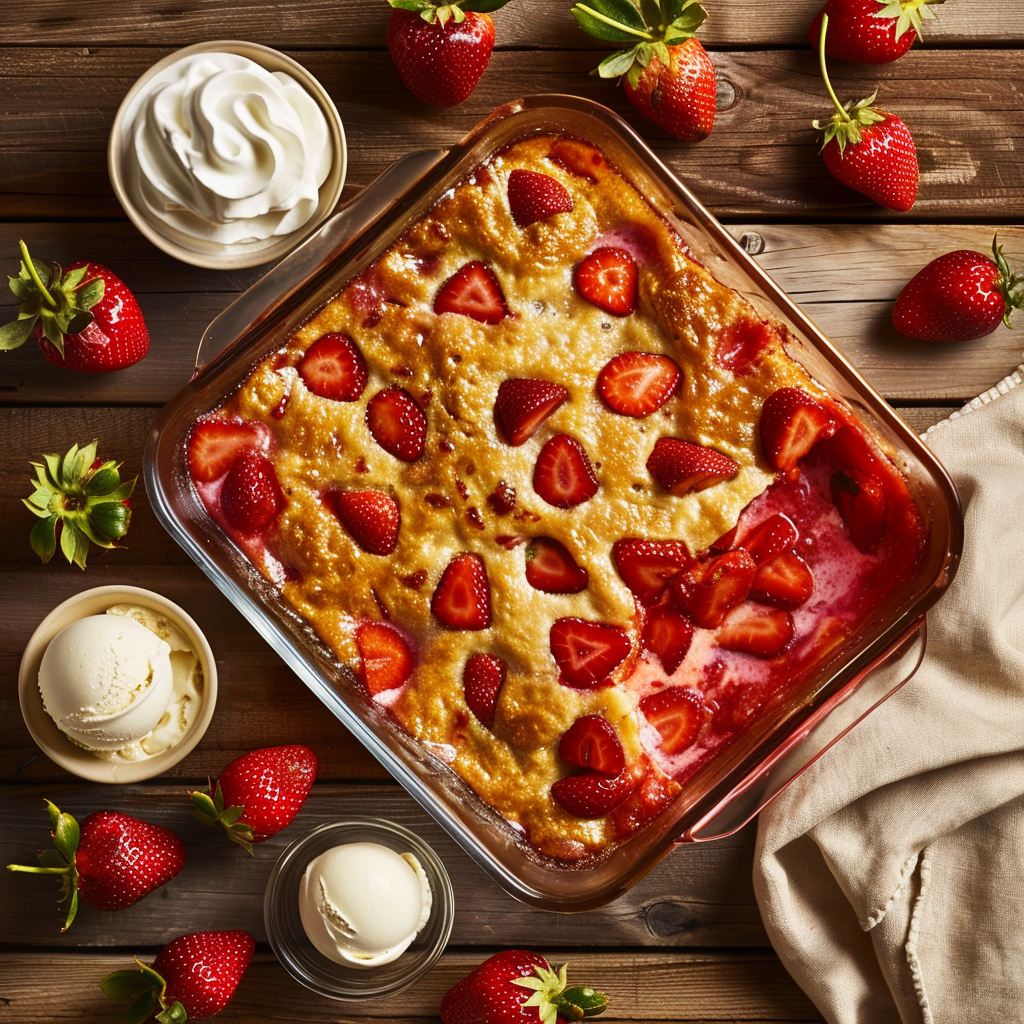 Strawberry shortcake dump cake in a glass baking dish with golden topping, visible strawberry filling, and baked strawberries on top, surrounded by vanilla ice cream, whipped cream, and fresh strawberries