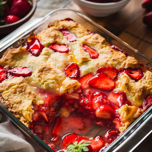Strawberry shortcake dump cake baked in a glass dish with golden cake topping and juicy strawberries bubbling underneath and on top