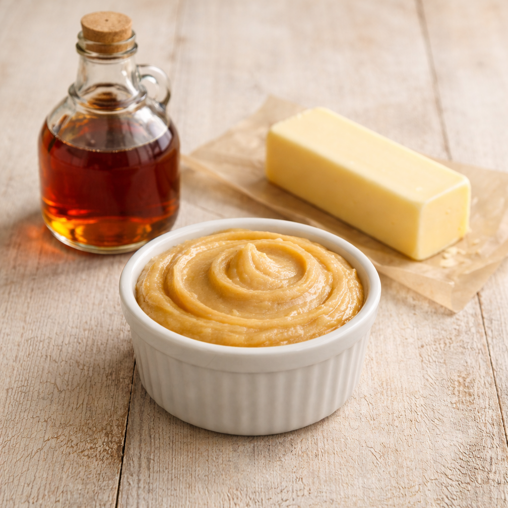 Small white bowl of smooth maple butter with a glass bottle of pure maple syrup and a stick of butter on parchment paper, arranged on a rustic wooden surface.