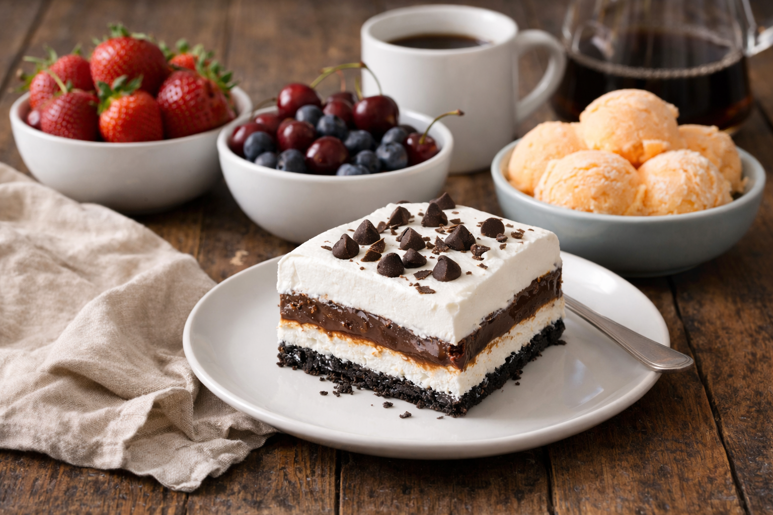 A slice of classic chocolate lasagna served with fresh strawberries, blueberries, chocolate cookies, and a cup of coffee on a rustic table.