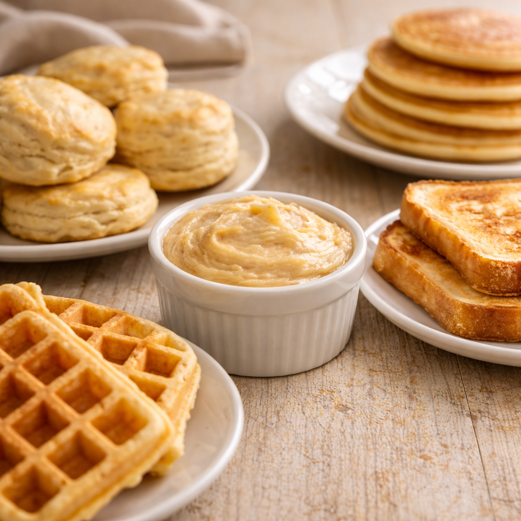 Maple butter in a white ramekin surrounded by biscuits, toast, pancakes, and waffles on a rustic wooden table.