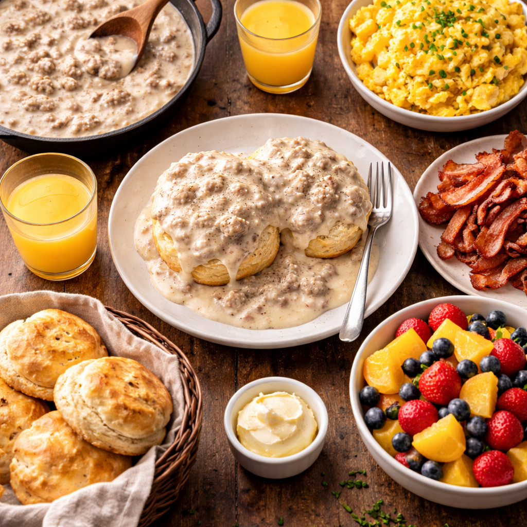Southern breakfast spread with sausage gravy and biscuits served alongside scrambled eggs, bacon, fresh fruit, and orange juice.