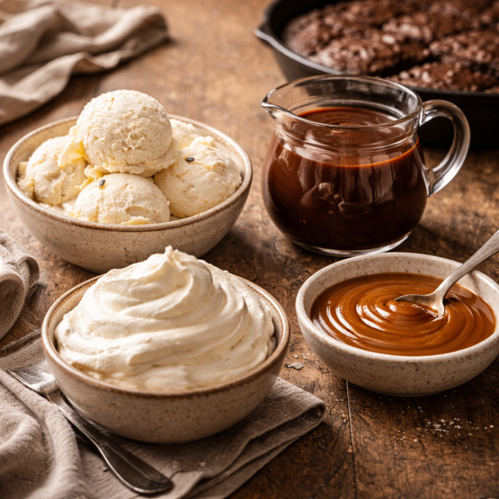 Dessert toppings including vanilla ice cream, chocolate sauce, whipped cream, and caramel served alongside skillet brownies.