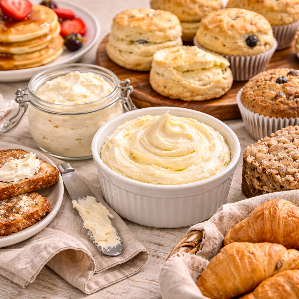 Whipped vanilla butter served with biscuits, pancakes, muffins, croissants, toast, and sweet breads on a farmhouse table.