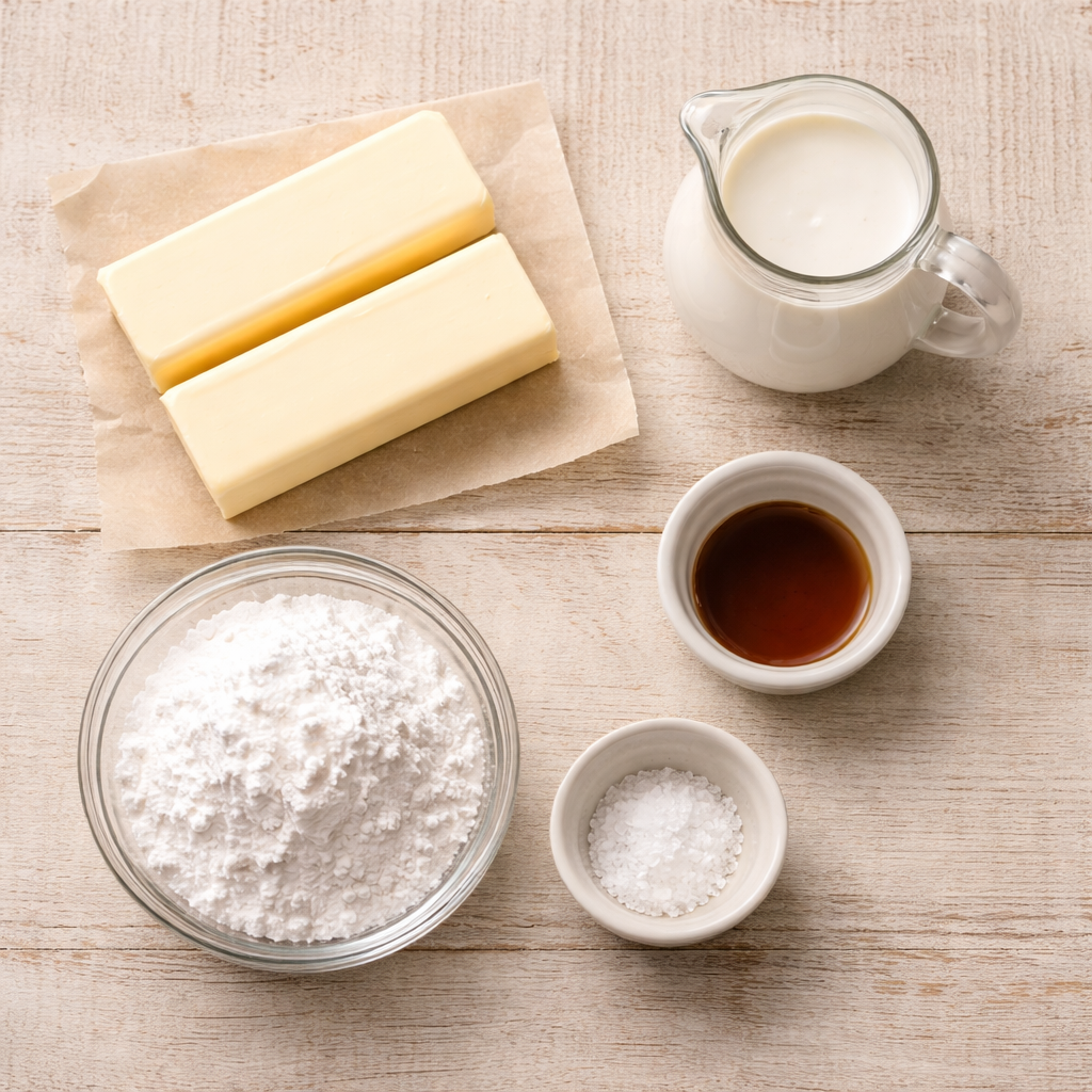 Ingredients for whipped vanilla butter arranged in a flat lay, including butter, powdered sugar, vanilla extract, heavy cream, and salt.